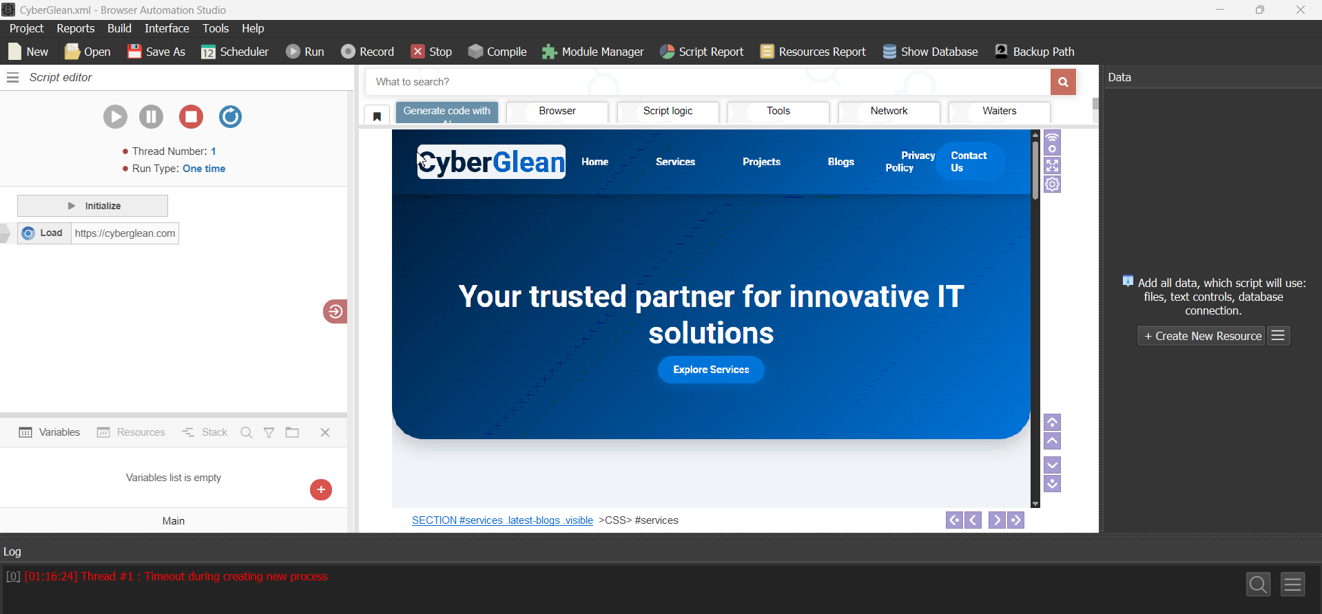 Browser Automation Studio interface for creating automation scripts